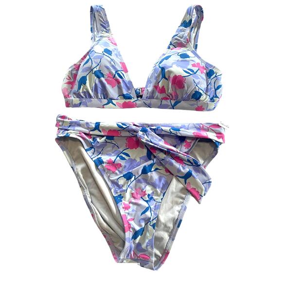 SPLENDID SWIM L BIKINI TOP BOTTOM FLORAL PINK PURPLE BLUE IVORY TIE HIGH WAIST - Picture 1 of 8